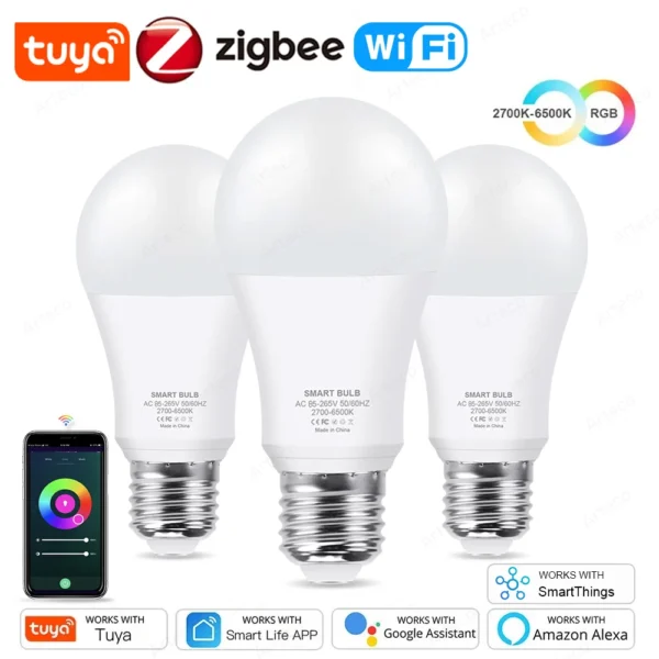 Tuya E27 Zigbee LED Bulbs WiFi Smart LED Lamp RGB CW WW 15W 18W LED Light Bulb Works With Amazon Alexa Google Home Room Decorate