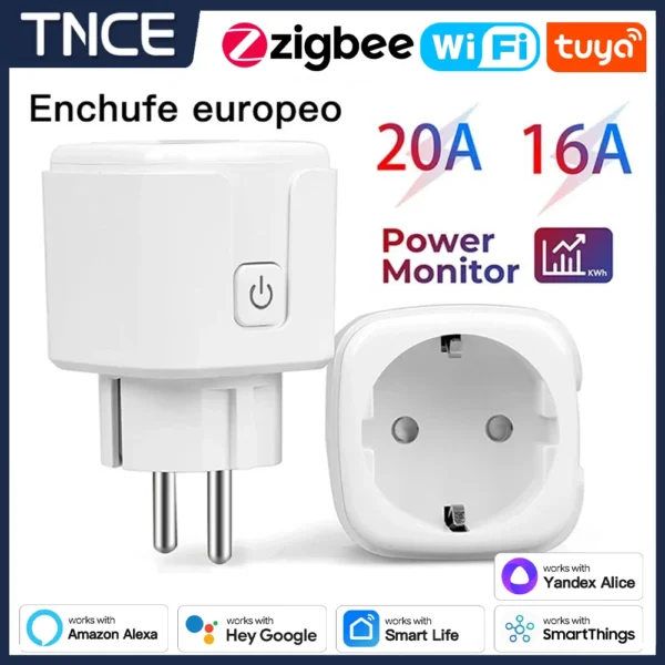 TNCE Tuya EU Plug Zigbee or WIFI 16/20A adapter,Smart Socket outlet With Power Monitor,Voice Control for Alexa Google Home Alice
