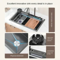 Waterfall Kitchen Sink Digital Display Single Bowl Kitchen Sinks Multifunctional Mordern Smart Sinks with Two Waterfall - Image 4