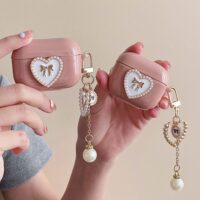 Pearl Heart Pink Tassel AirPods Case with Bowknot Keyring - Image 2