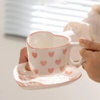 Heart-Shaped Pink Love Ceramic Coffee Cup Set - Image 4