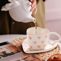Heart-Shaped Pink Love Ceramic Coffee Cup Set - Image 3
